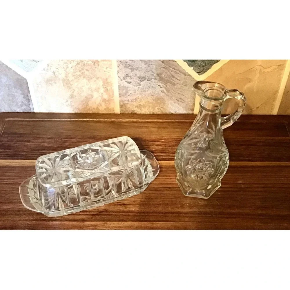 Vintage Anchor Hocking Prescut‎ Glass Starburst Butter Dish & Oil Vinegar Cruet